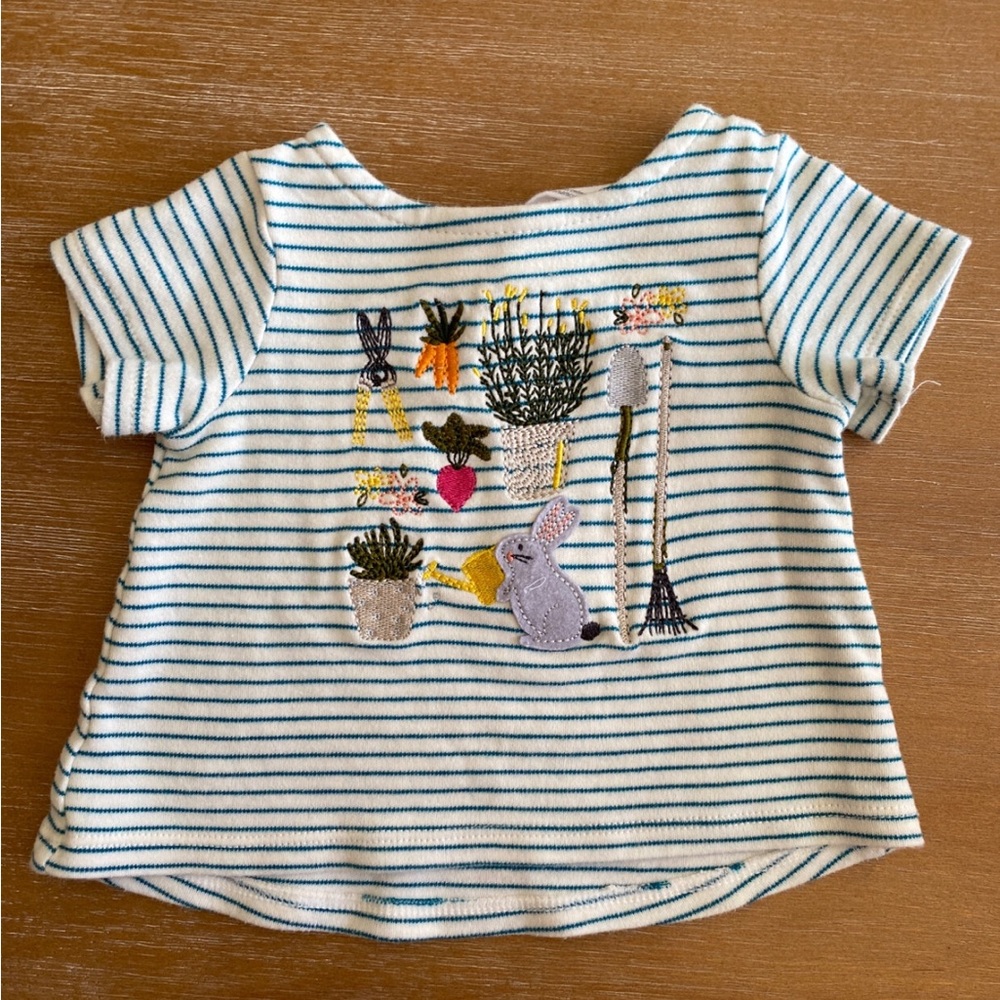 Baby girl spring garden shirt with bunny and stripes size 3-6 months